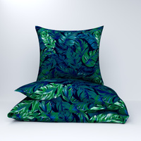 Pościel bawełniana 200x220 + poszewki na poduszkę 2*70x80 | D044ctu | niebiesko zielona | liście egzotyczne