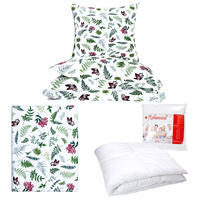 Zestaw pościeli  100x160 + 40x60 + prześcieradło we wzorze 80x160 | 124pap | biało zielona | liście paproć