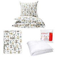 Zestaw pościeli  100x160 + 40x60 + prześcieradło we wzorze 80x160 | 050bra | biała | sarenki i misie