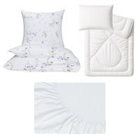 Zestaw pościeli 100x160 + 50x60 + prześcieradło jersey 80x160 | 209wrz | biało wrzosowa | kwiaty