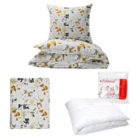 Zestaw pościeli  100x160 + 40x60 + prześcieradło we wzorze 80x160 | 014jeleń | biało pomarańczowa | zwierzątka leśne